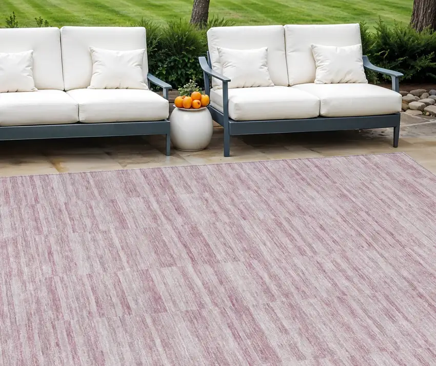 Blush Pink And Beige Striped Washable Indoor Outdoor Area Rug Photo 1