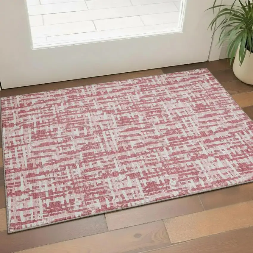 Blush Pink And Ivory Abstract Geometric Washable Area Rug With UV Protection Photo 2
