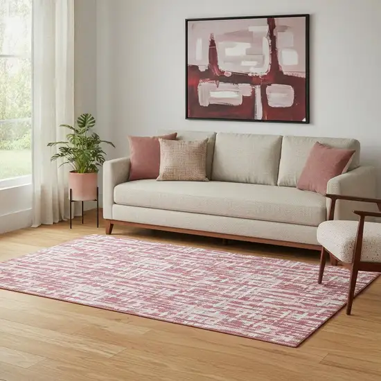 Blush Pink And Ivory Abstract Geometric Washable Area Rug With UV Protection Photo 2