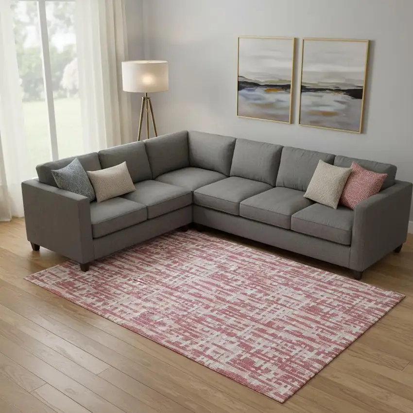 Blush Pink And Ivory Abstract Geometric Washable Area Rug With UV Protection Photo 2