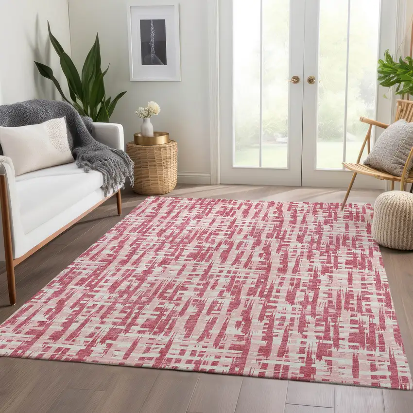 Blush Pink And Ivory Abstract Geometric Washable Area Rug With UV Protection Photo 6