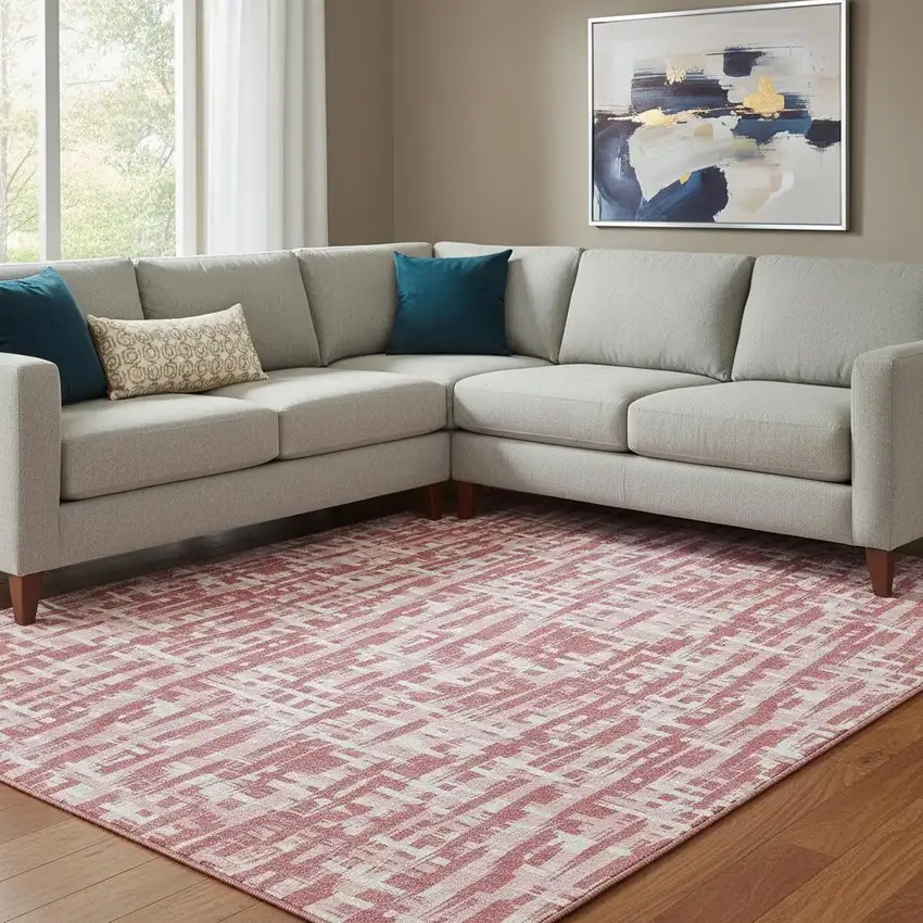 Blush Pink And Ivory Abstract Geometric Washable Area Rug With UV Protection Photo 2