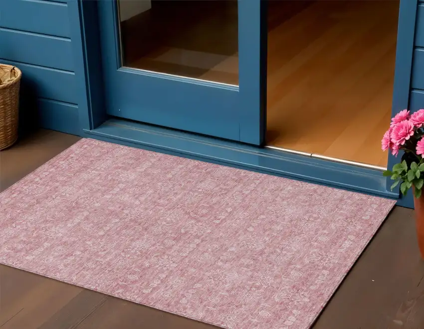 Blush Pink And Ivory Floral Washable Indoor Outdoor Area Rug Photo 1
