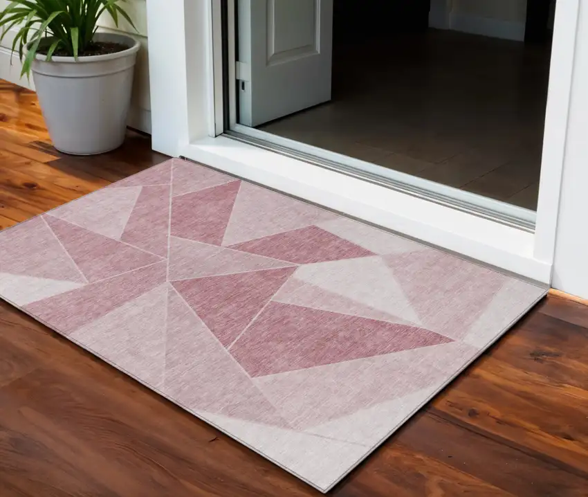Blush Pink And Ivory Geometric Washable Indoor Outdoor Area Rug Photo 1