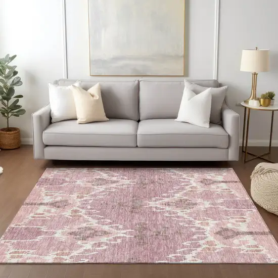 Blush Pink And Ivory Ikat Washable Indoor Outdoor Area Rug Photo 8