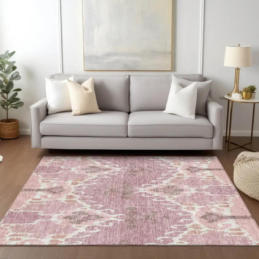 Blush Pink And Ivory Ikat Washable Indoor Outdoor Area Rug Photo 7