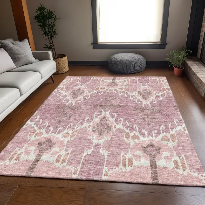Blush Pink And Ivory Ikat Washable Indoor Outdoor Area Rug Photo 7