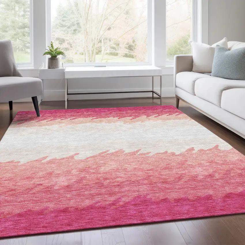 Blush Pink And Ivory Striped Washable Indoor Outdoor Area Rug Photo 8