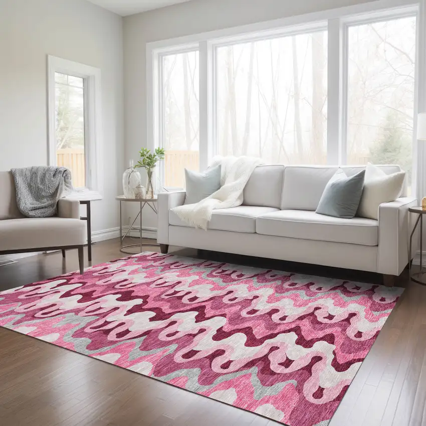 Blush Pink And Mauve Abstract Washable Indoor Outdoor Area Rug Photo 8