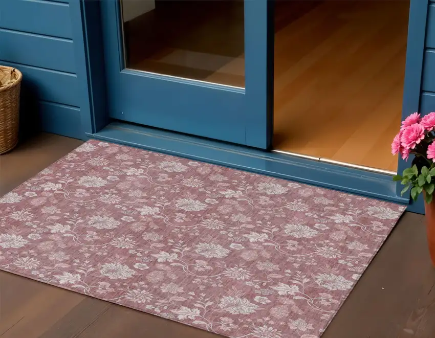 Blush Pink And Mauve Floral Washable Indoor Outdoor Area Rug Photo 1