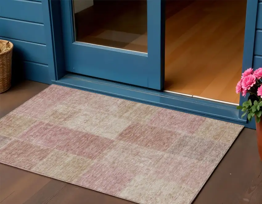 Blush Pink And Mauve Patchwork Washable Indoor Outdoor Area Rug Photo 1