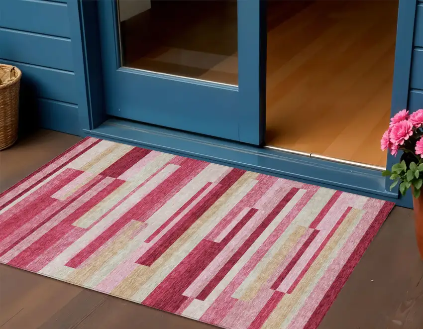 Blush Pink And Mauve Striped Washable Indoor Outdoor Area Rug Photo 1