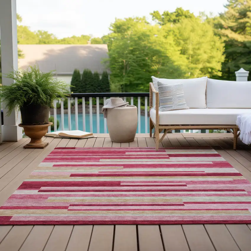 Blush Pink And Mauve Striped Washable Indoor Outdoor Area Rug Photo 9