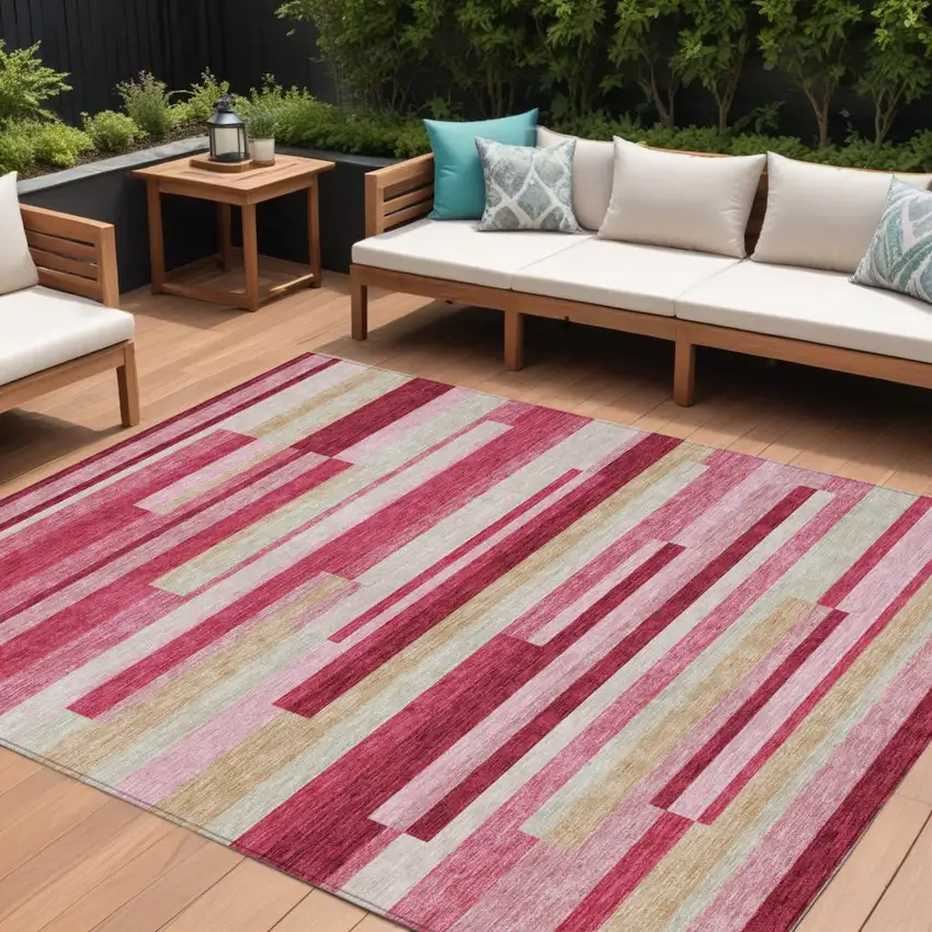 Blush Pink And Mauve Striped Washable Indoor Outdoor Area Rug Photo 1