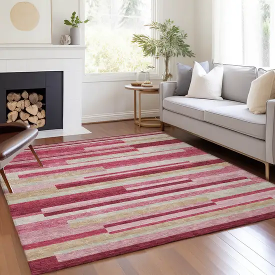 Blush Pink And Mauve Striped Washable Indoor Outdoor Area Rug Photo 8