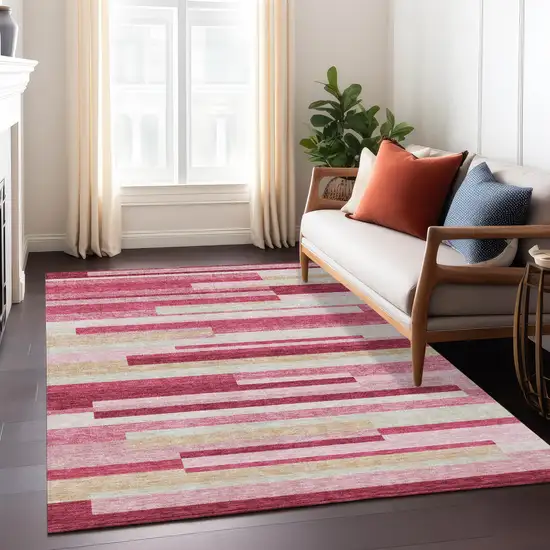 Blush Pink And Mauve Striped Washable Indoor Outdoor Area Rug Photo 9