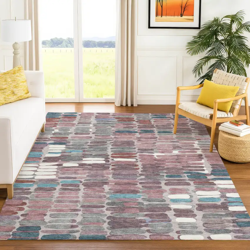 Blush Pink And Merlot Abstract Washable Indoor Outdoor Area Rug Photo 9