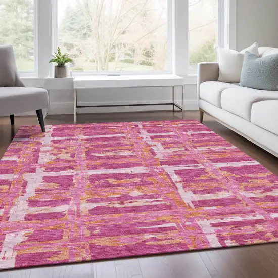Blush Pink And Orange Striped Washable Indoor Outdoor Area Rug Photo 9