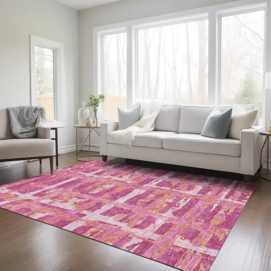 Blush Pink And Orange Striped Washable Indoor Outdoor Area Rug Photo 8