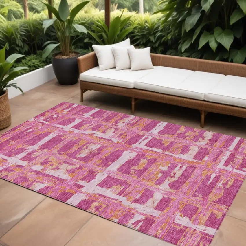 Blush Pink And Orange Striped Washable Indoor Outdoor Area Rug Photo 1