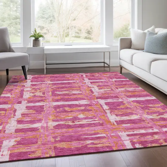 Blush Pink And Orange Striped Washable Indoor Outdoor Area Rug Photo 8