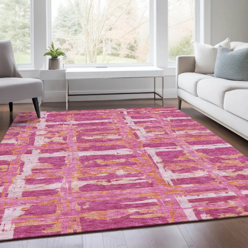 Blush Pink And Orange Striped Washable Indoor Outdoor Area Rug Photo 8