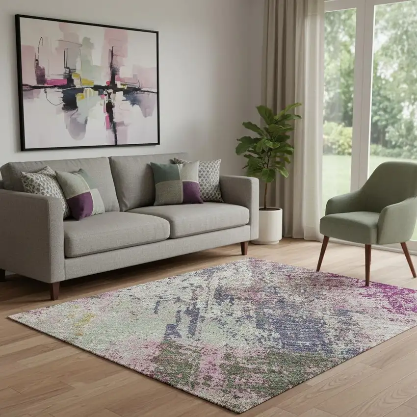 Blush Purple And Gray Abstract Washable Area Rug With UV Protection Photo 2