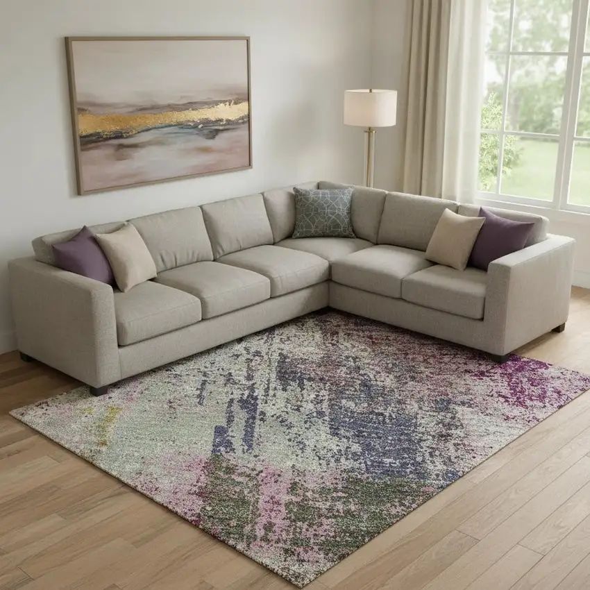 Blush Purple And Gray Abstract Washable Area Rug With UV Protection Photo 2