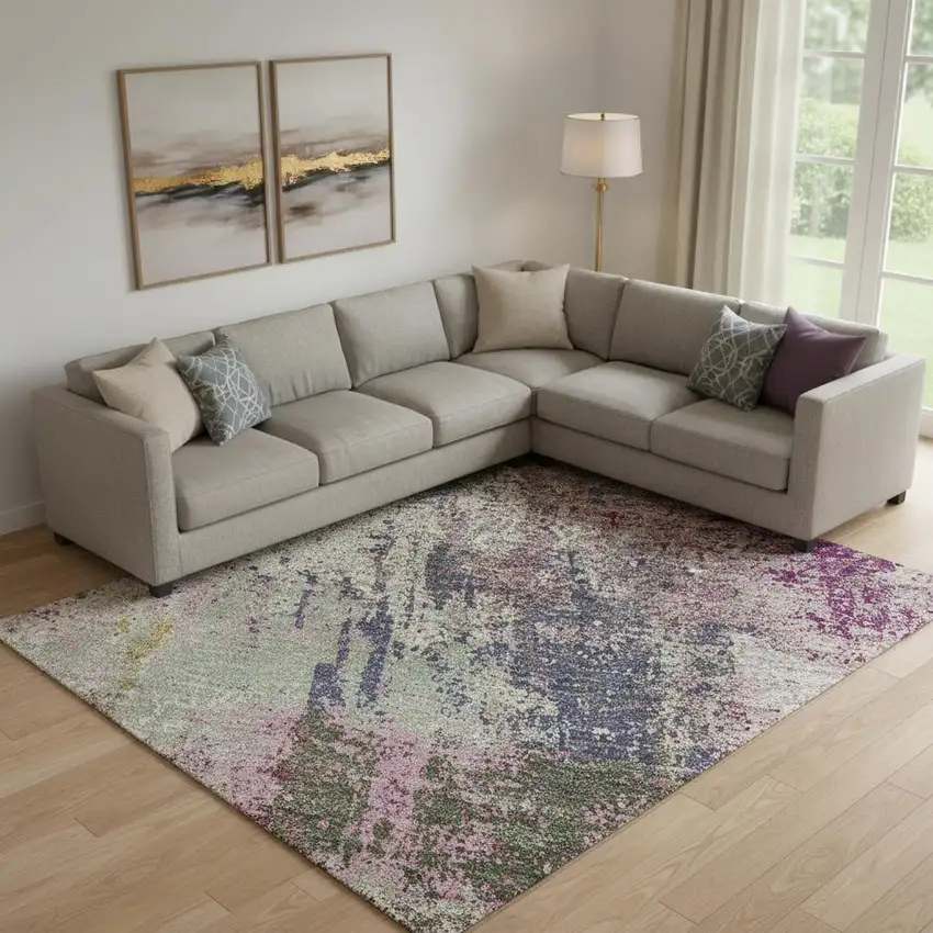 Blush Purple And Gray Abstract Washable Area Rug With UV Protection Photo 2