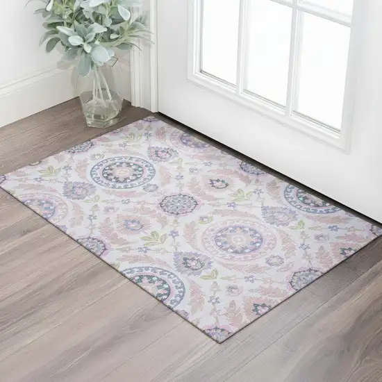 Blush Purple And Green Floral Washable Area Rug With UV Protection Photo 1