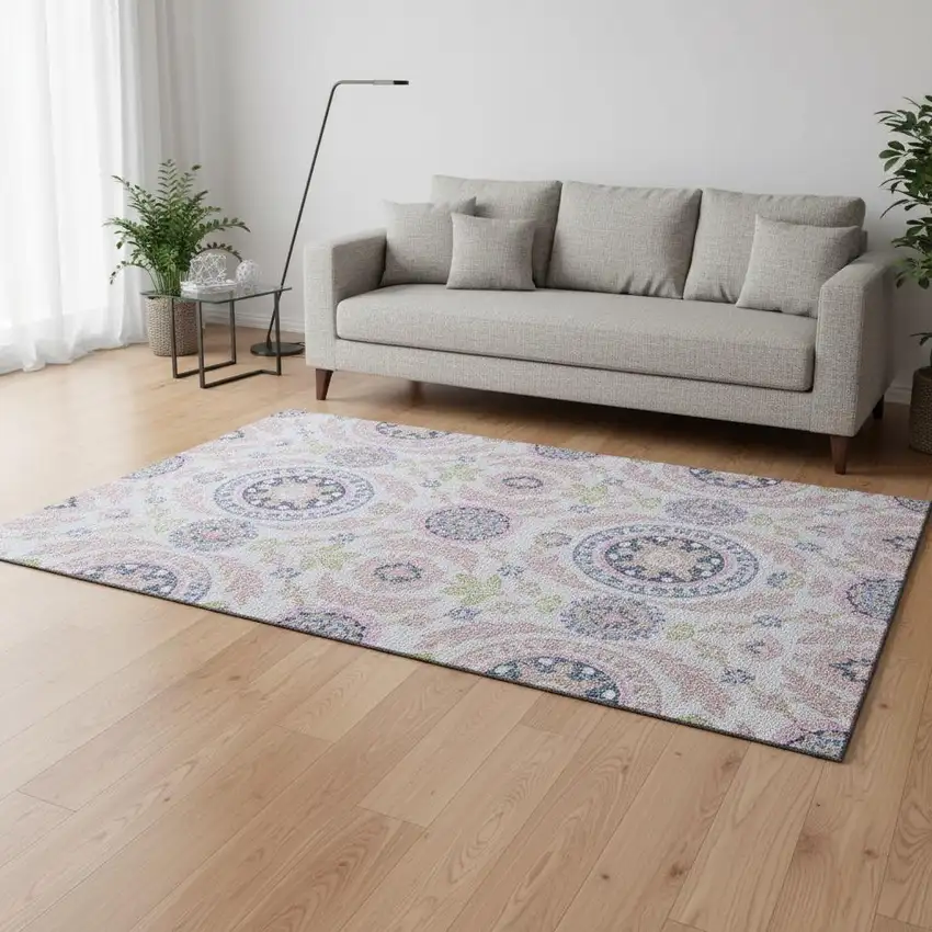 Blush Purple And Green Floral Washable Area Rug With UV Protection Photo 2