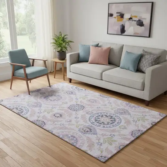 Blush Purple And Green Floral Washable Area Rug With UV Protection Photo 1