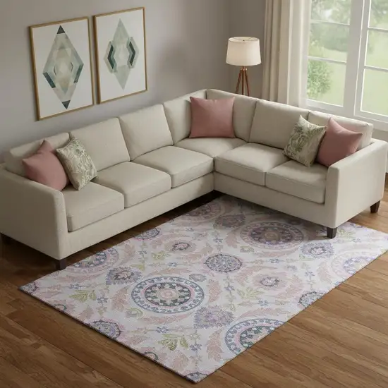 Blush Purple And Green Floral Washable Area Rug With UV Protection Photo 1