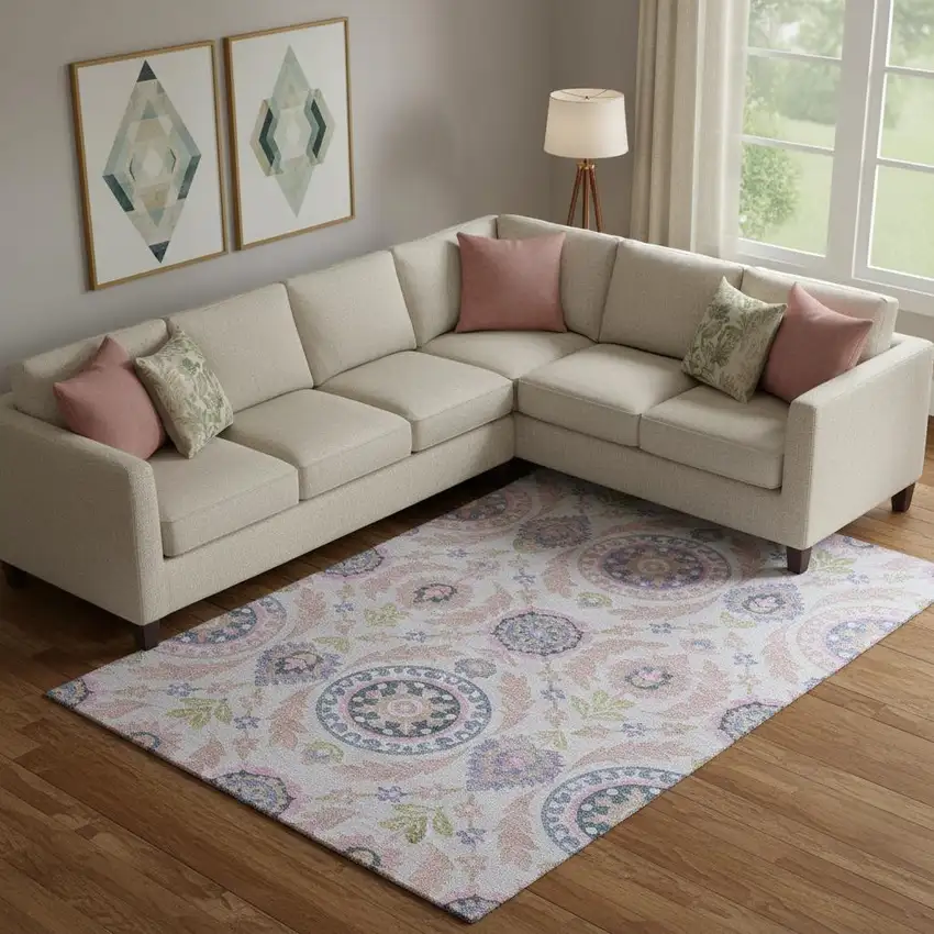 Blush Purple And Green Floral Washable Area Rug With UV Protection Photo 1