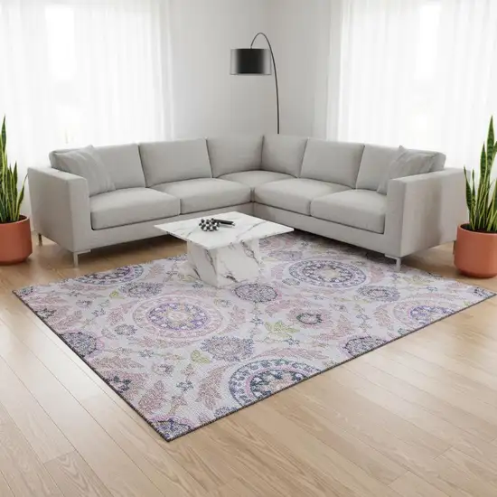 Blush Purple And Green Floral Washable Area Rug With UV Protection Photo 2