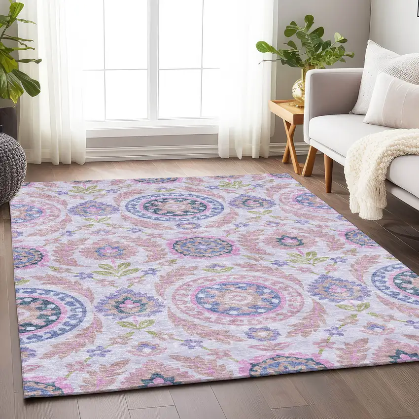Blush Purple And Green Floral Washable Area Rug With UV Protection Photo 5