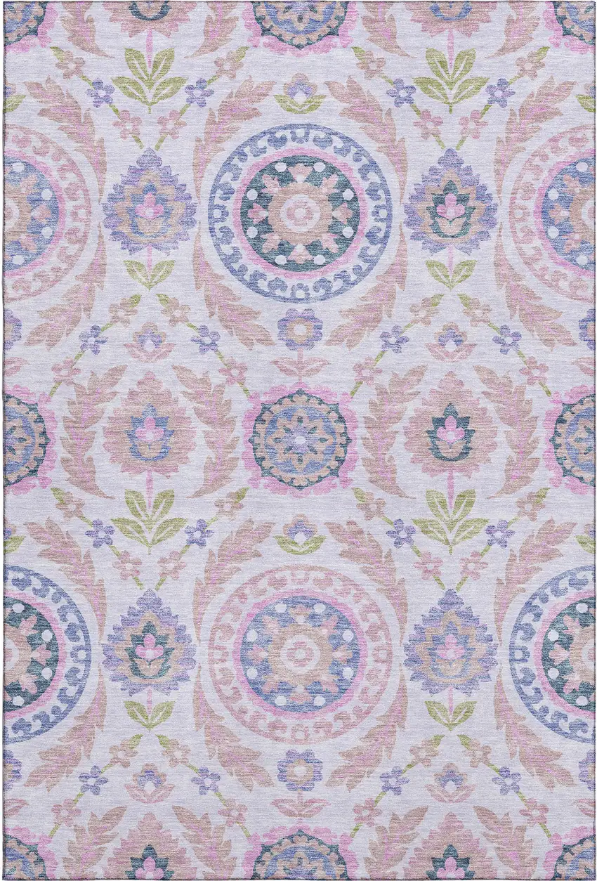 Blush Purple And Green Floral Washable Area Rug With UV Protection Photo 1