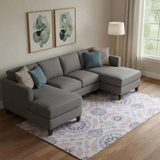 Blush Purple And Green Floral Washable Area Rug With UV Protection Photo 1