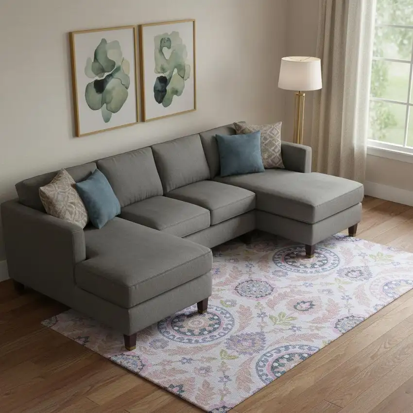 Blush Purple And Green Floral Washable Area Rug With UV Protection Photo 1