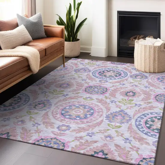 Blush Purple And Green Floral Washable Area Rug With UV Protection Photo 6