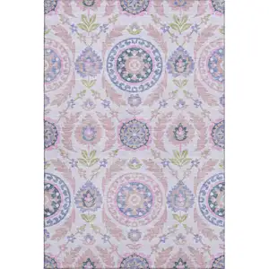 Photo of Blush Purple And Green Floral Washable Area Rug With UV Protection