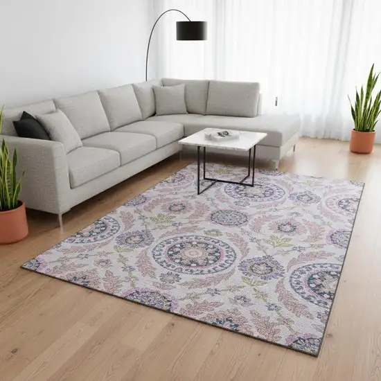 Blush Purple And Green Floral Washable Area Rug With UV Protection Photo 2