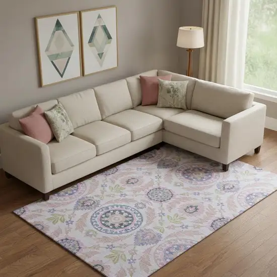 Blush Purple And Green Floral Washable Area Rug With UV Protection Photo 1