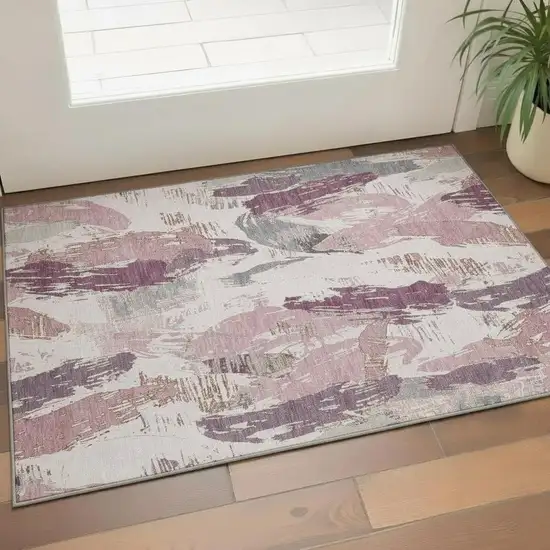 Blush Purple And Ivory Abstract Washable Area Rug With UV Protection Photo 2