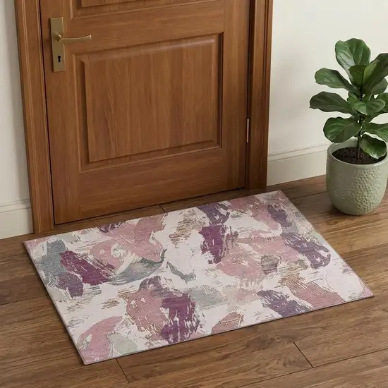 Blush Purple And Ivory Abstract Washable Area Rug With UV Protection Photo 1