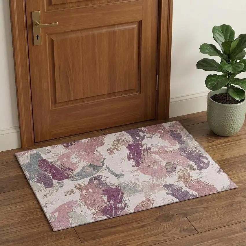 Blush Purple And Ivory Abstract Washable Area Rug With UV Protection Photo 1