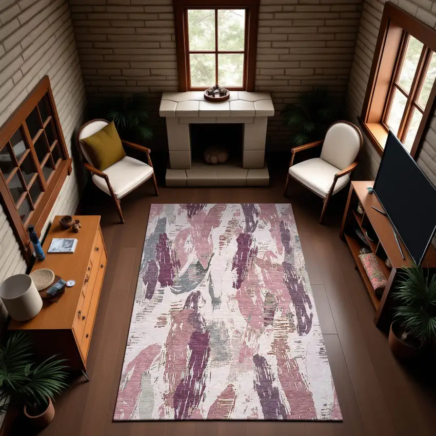 Blush Purple And Ivory Abstract Washable Area Rug With UV Protection Photo 4