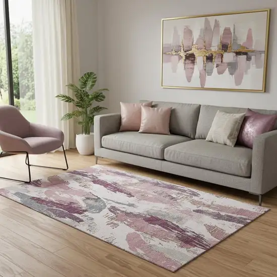 Blush Purple And Ivory Abstract Washable Area Rug With UV Protection Photo 2