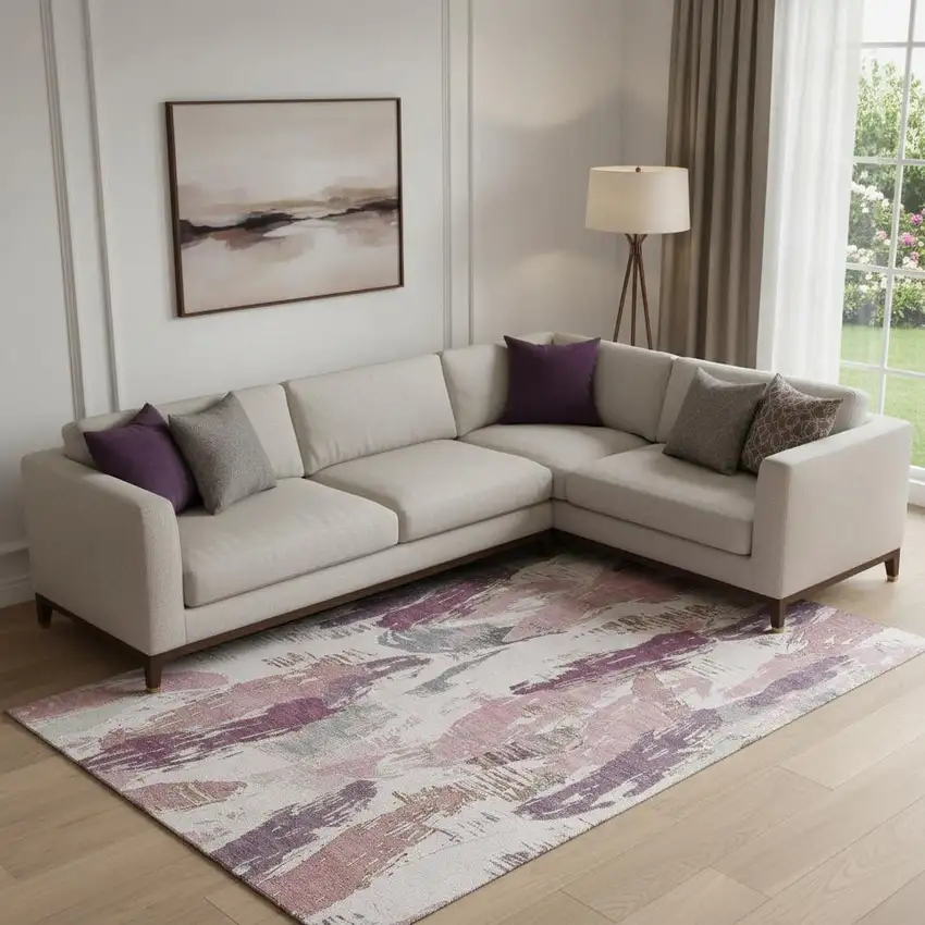 Blush Purple And Ivory Abstract Washable Area Rug With UV Protection Photo 2