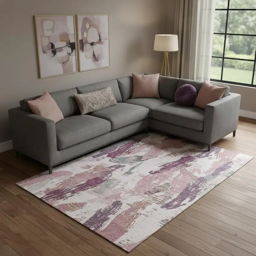 Blush Purple And Ivory Abstract Washable Area Rug With UV Protection Photo 2